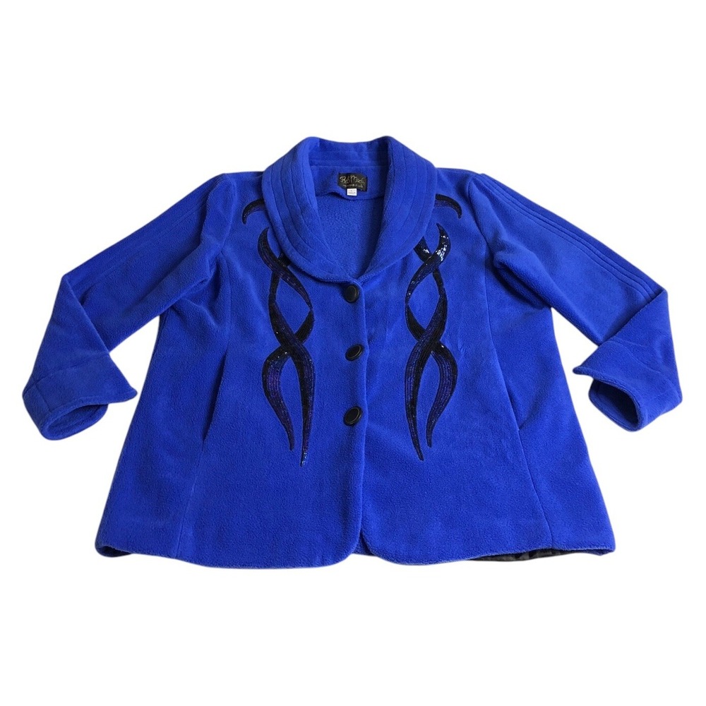 Bob Mackie Wearable Art Jacket Womens Large Blue Sequin Fleece Swing Coat Retro